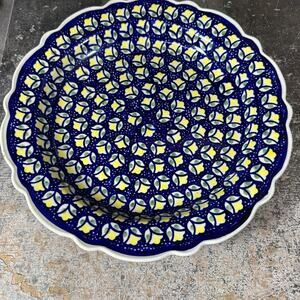 Polish Pottery Large Platter BOLESLAWCU Boleslawiec Poland 13in Ruffled Blue